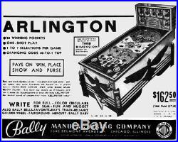 1937 Bally Arlington Payout Pinball Machine, One Ball, Extremely Rare Woodrail