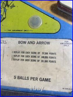 Bally Bow & Arrow 1975 Pinball Machine, 4 Player Powers On And Works Needs Work