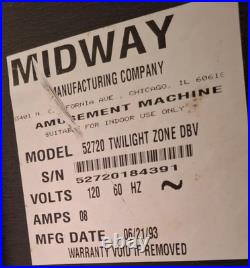 Midway Twilight Zone DBV Pinball Machine Bally 1993 Pinballs