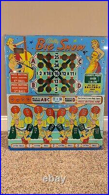 Vintage 1956 BALLY Big Show Bingo Pinball Machine Original Back Glass