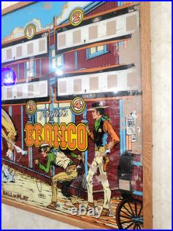 Vintage 1977 Gottlieb Bronco Pinball Playfield Back Glass, Oak Framed 26 x 24