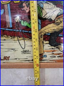 Vintage 1977 Gottlieb Bronco Pinball Playfield Back Glass, Oak Framed 26 x 24